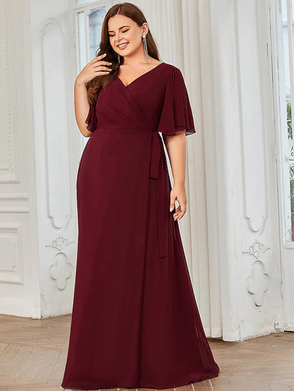 A-Line Bridesmaid Dress V Neck Short Sleeve Elegant Floor Length Chiffon with Ruffles / Draping / Bandage