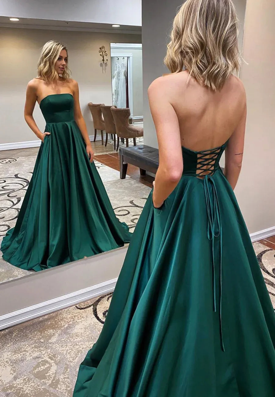 A-Line Satin Dark Green Simple Strapless Evening Dresses Long Green Prom Dresses