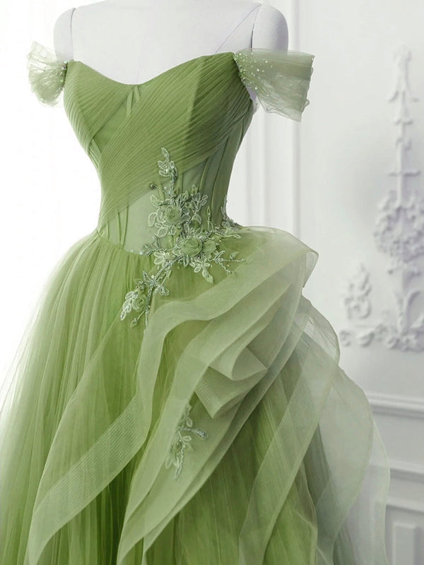Green A-Line Off Shoulder Long Prom Dress Lace Long Evening Dress Beautiful