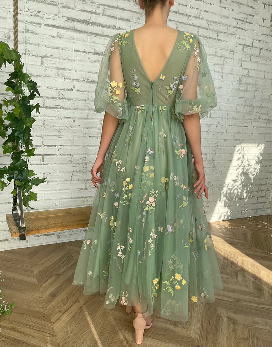 V-neck Floral Prom Dress