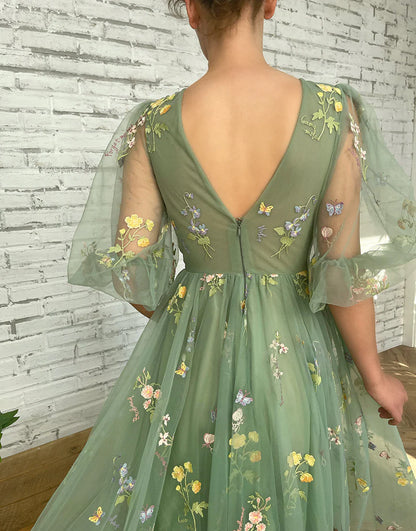 V-neck Floral Prom Dress