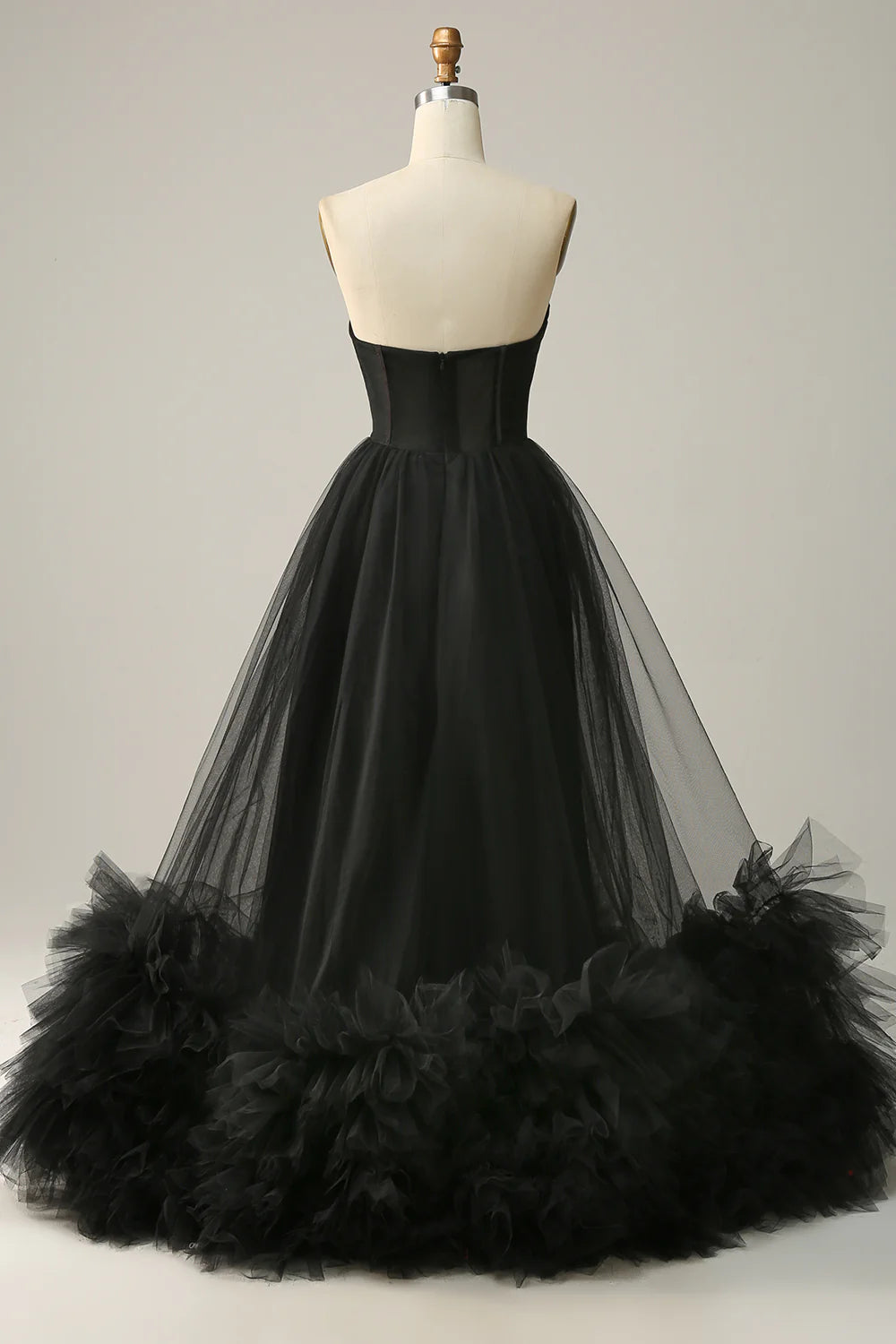 A Line Strapless Black Corset Prom Dress with Ruffles