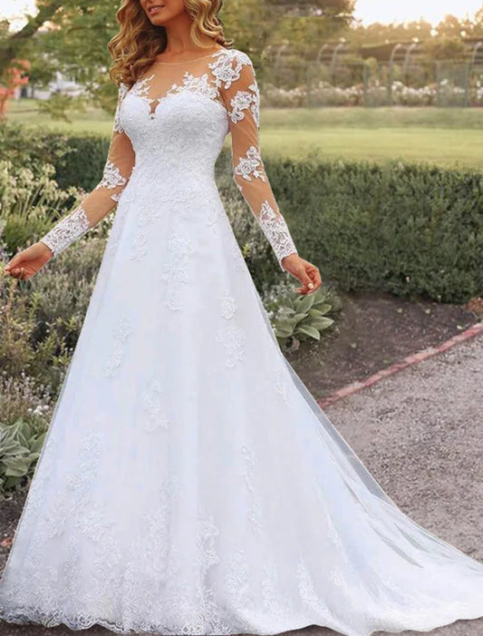 Open Back Formal Wedding Dresses A-Line Illusion Neck Long Sleeve Court Train Lace Bridal Gowns With Appliques Beautiful