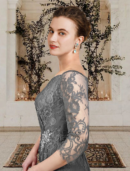 A-Line Mother of the Bride Dress Wedding Guest Plus Size Elegant Jewel Neck Floor Length Lace Half Sleeve with Ruffles Crystal Brooch Side-Draped Fall