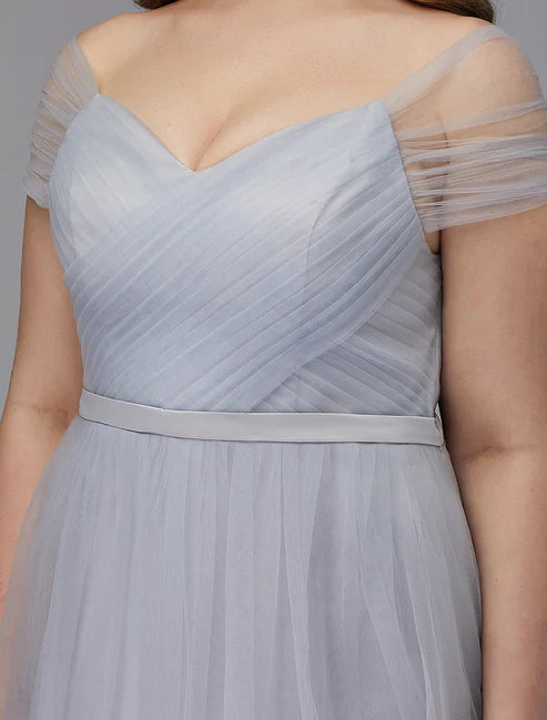 Plus Size A-Line Elegant Dress Homecoming Dresses Wedding Guest Cocktail Party Tea Length Short Sleeve Off Shoulder Tulle with Sash / Ribbon Criss Cross