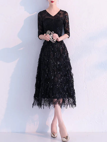 A-Line Flapper Sparkle Party Wear Cocktail Party Dress V Neck Half Sleeve Tea Length Lace with Sequin Tassel