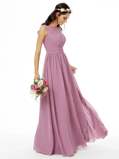 A-Line Bridesmaid Dress  Sleeveless Floor Length Chiffon with Sash / Ribbon / Pleats / Ruched