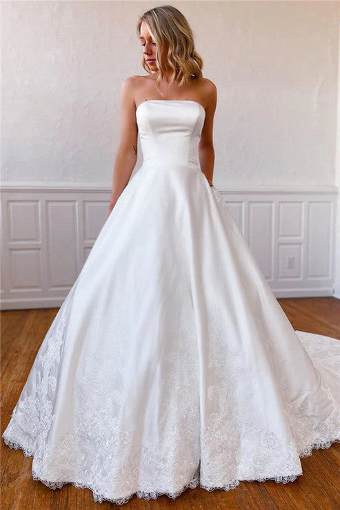 Lace Appliques Long Strapless White Wedding Dress with Pockets Off Shoulder