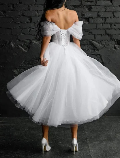 Bridal Shower Simple Wedding Dresses A-Line Scoop Neck Sleeveless Tea Length Satin Bridal Gowns