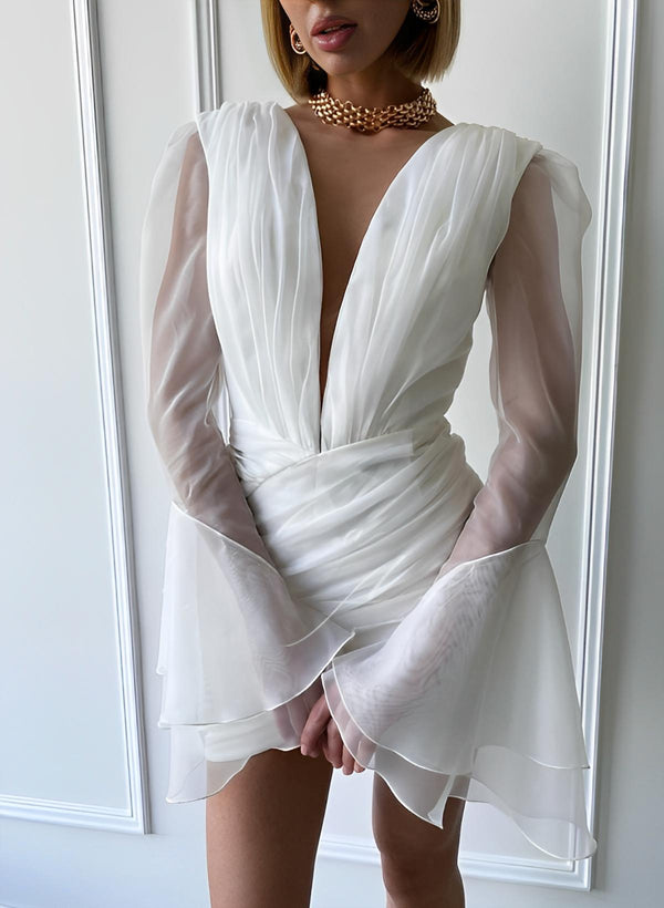 Sheath V-Neck Long Sleeves Short Mini Tulle Little White Wedding Dresses Sexy