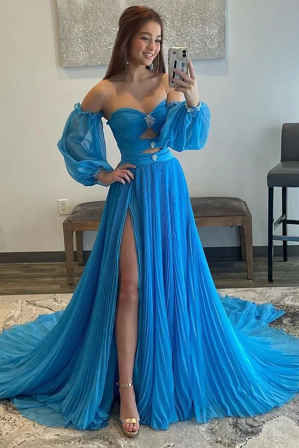 Blue Detachable Sleeves Cut-Out Long Prom Dress with Beading Sexy With Slit