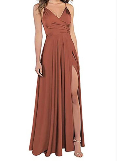 A-Line Wedding Guest Prom Floor Length Sleeveless Spaghetti Strap Bridesmaid Dress Satin with Slit