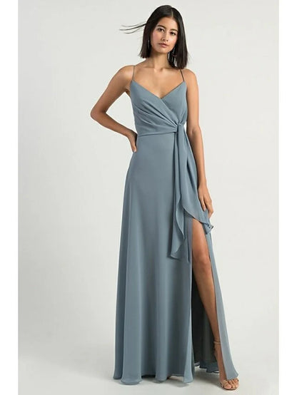 A-Line Bridesmaid Dress Spaghetti Strap Sleeveless Open Back Floor Length Chiffon with Split Front