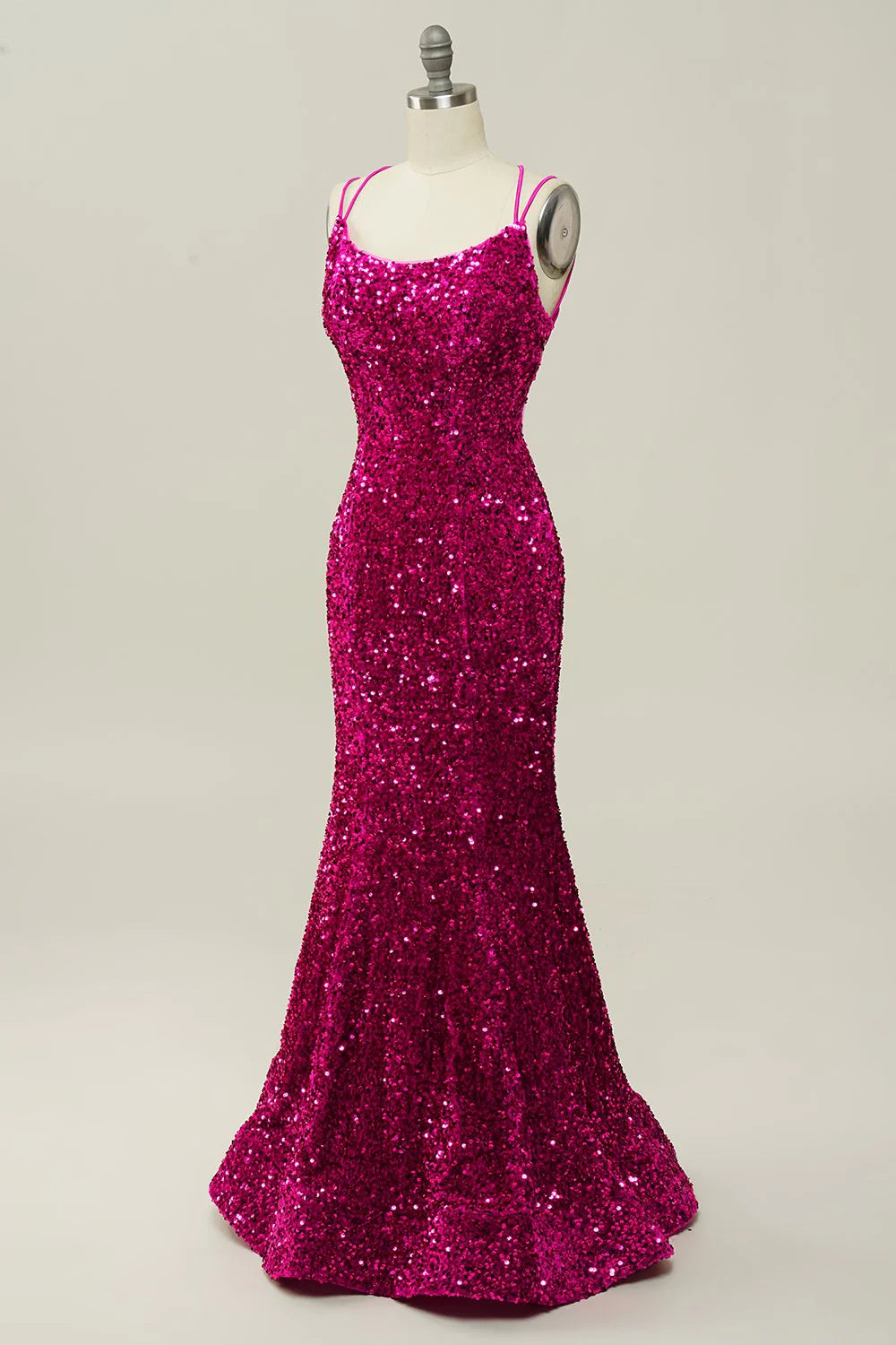 Mermaid Hot Pink Spaghetti Straps  Sleek Glitter Sparking Prom Dress with Sequins