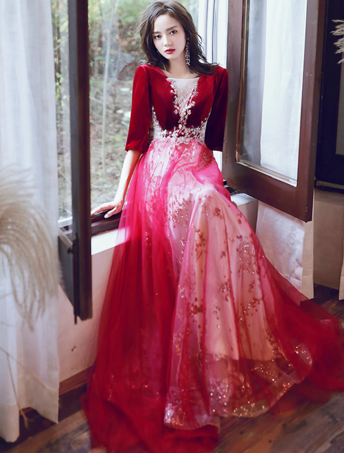 A-Line Evening Gown Glittering Dress Wedding Guest Party Wear Floor Length Half Sleeve Illusion Neck Velvet with Sequin Appliques
