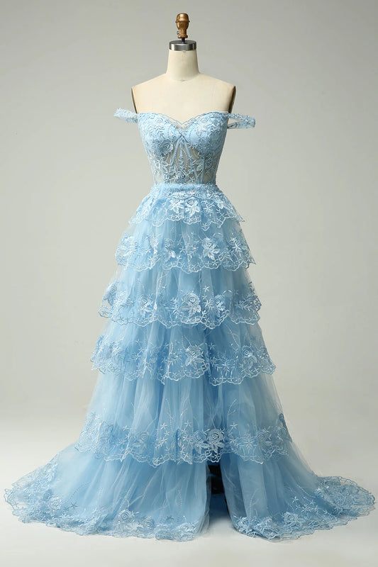 A Line Lace Layers Off the Shoulder Blue Gold Long Prom Dress with Appliques Beautiful