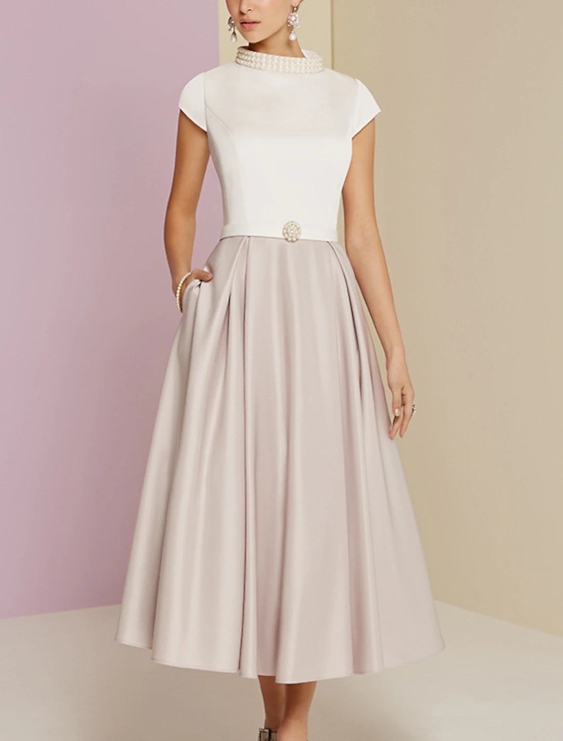 Mother of the Bride Dress Wedding Guest Vintage Plus Size High Neck Tea Length Satin Short Sleeve with Pearls