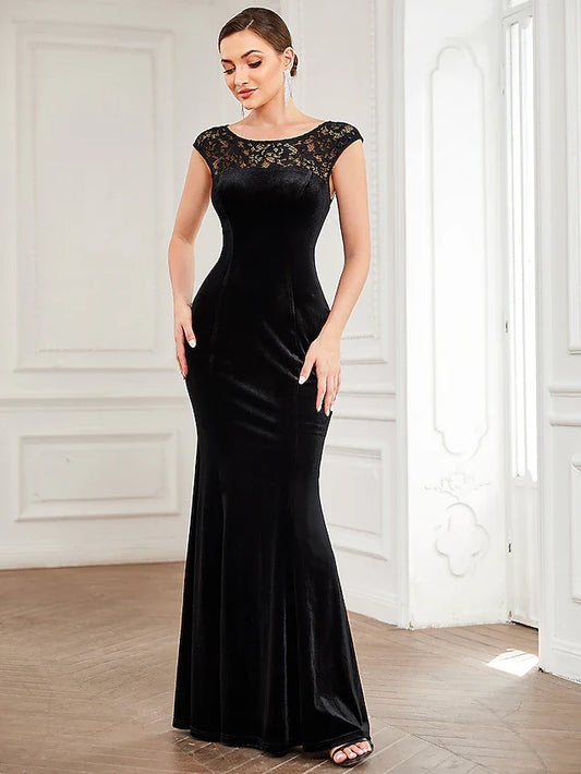 Mermaid / Trumpet Evening Gown Elegant Dress Formal Floor Length Short Sleeve Jewel Neck Velvet with Lace Insert