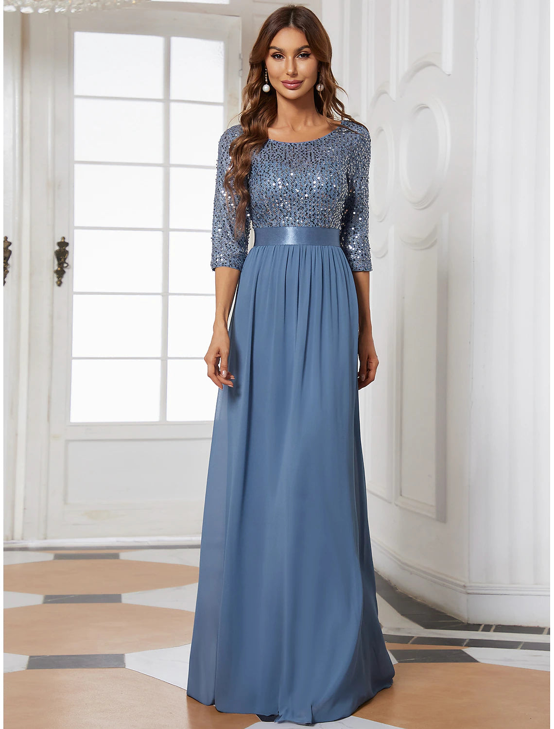 Plus Size Jewel Neck Floor Length Wedding Guest Dress Tulle Sequined 3/4 Length Sleeve Mother of the Bride Dress