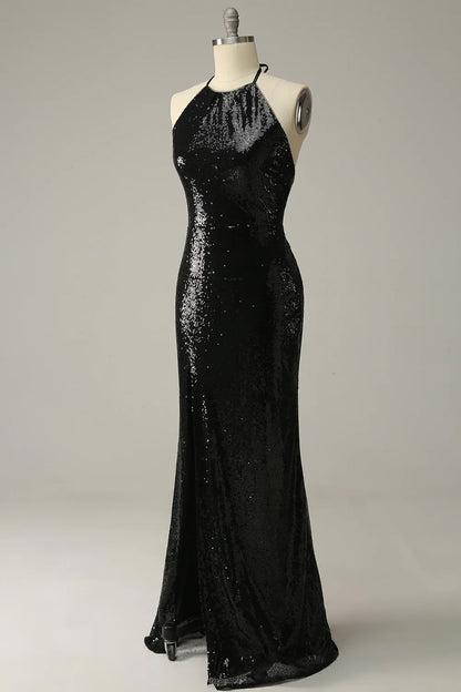 Sheath Halter Black Sparking Sequins Long Prom Dress with Split