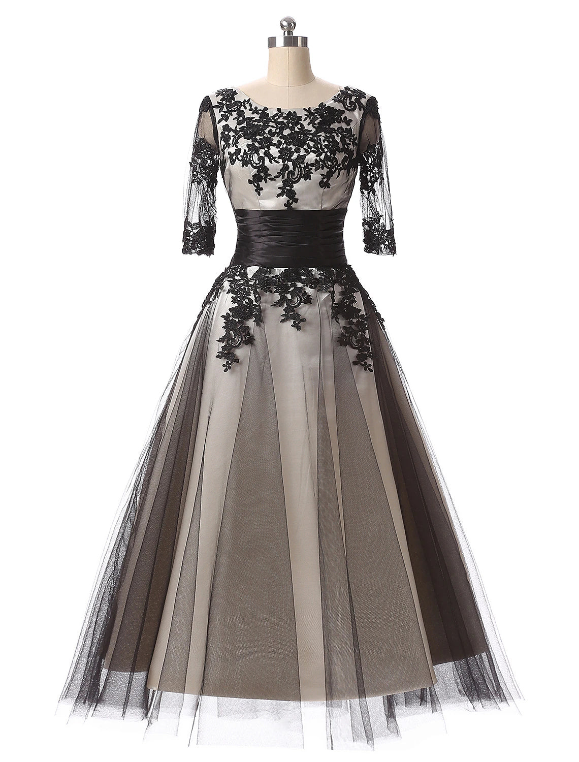 Formal Evening Ankle Length Half Sleeve Jewel Neck Fall Wedding Guest Lace with Lace Insert Appliques