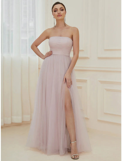 A-Line Evening Gown Elegant Dress Wedding Guest Floor Length Sleeveless Off Shoulder Tulle with Pure Color Tiered