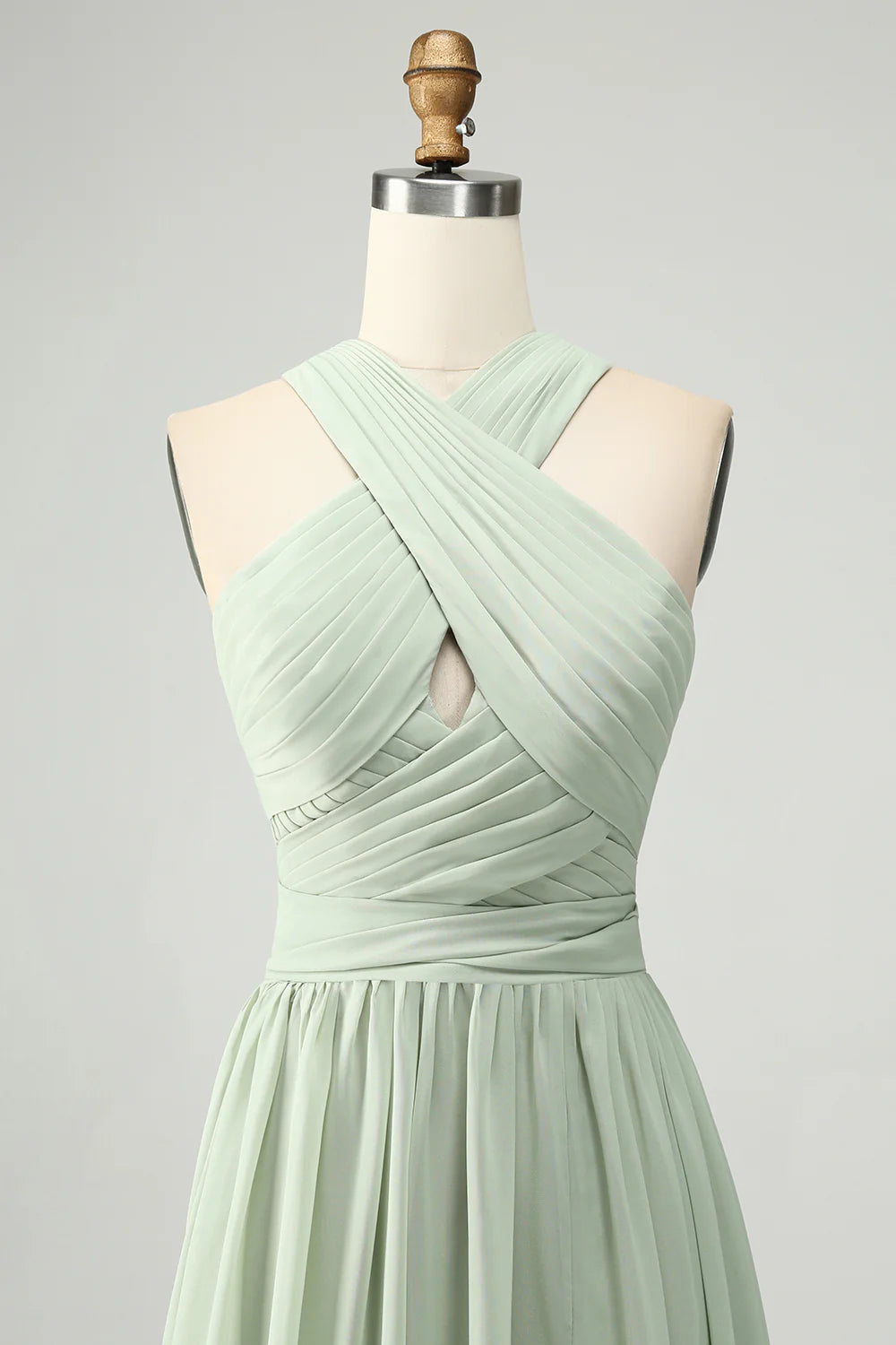 A Line Criss Cross Halter Chiffon Pleated Long Bridesmaid Dress with Slit