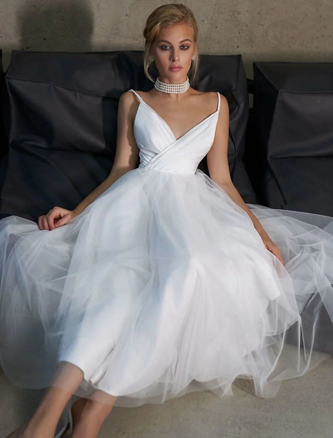 A-Line Camisole V Neck Spaghetti Strap Ankle Length Tulle Bridal Gowns With Solid Color Wedding Dresses Bridal Dresses