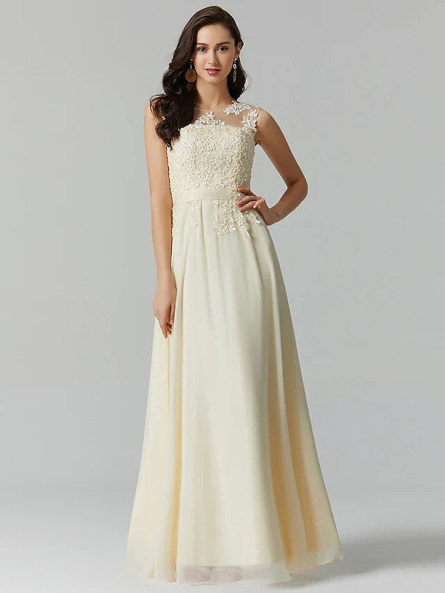 A-Line Bridesmaid Dress Jewel Neck Sleeveless Elegant Floor Length Chiffon / Lace with Appliques