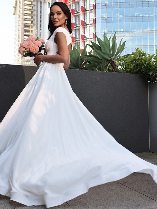 A-Line/Princess Stretch Crepe Ruffles V-neck Short Sleeves Sweep/Brush Train Wedding Dresses