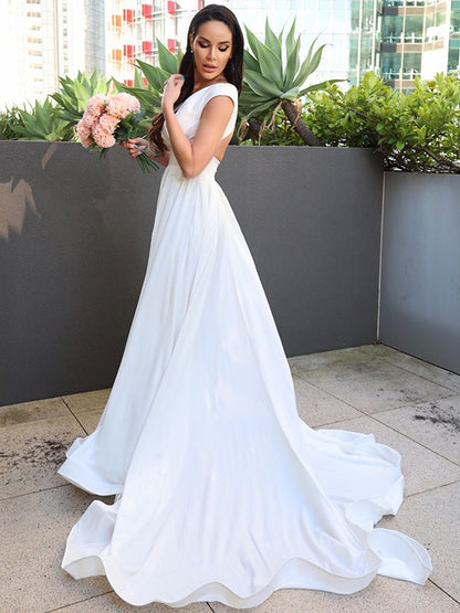 A-Line/Princess Stretch Crepe Ruffles V-neck Short Sleeves Sweep/Brush Train Wedding Dresses