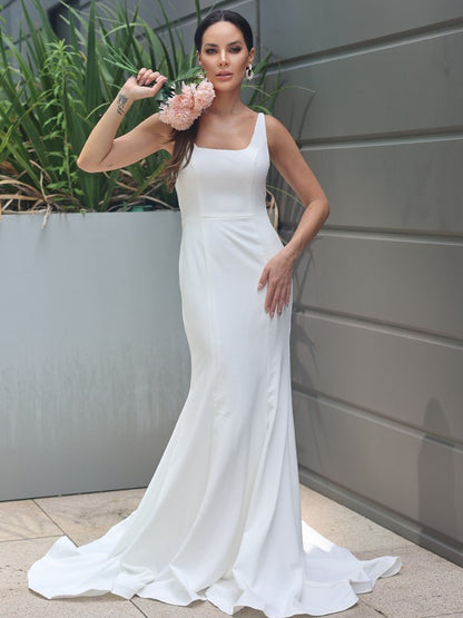 Sheath/Column Stretch Crepe Ruffles Straps Sleeveless Sweep/Brush Train Wedding Dresses