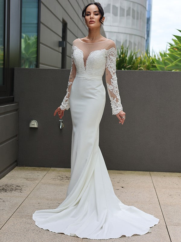 Sheath/Column Stretch Crepe Lace Scoop Long Sleeves Sweep/Brush Train Wedding Dresses