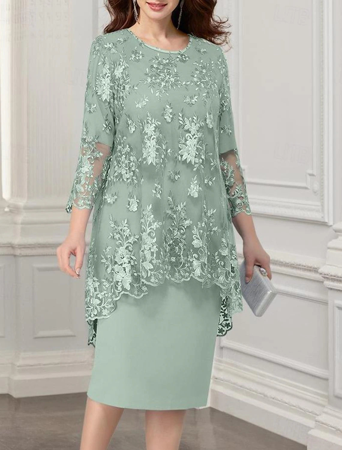 Two Piece Sheath / Column Mother of the Bride Dress Wedding Guest Elegant Jewel Neck Tea Length Chiffon Lace Sleeveless Jacket Dresses with Appliques