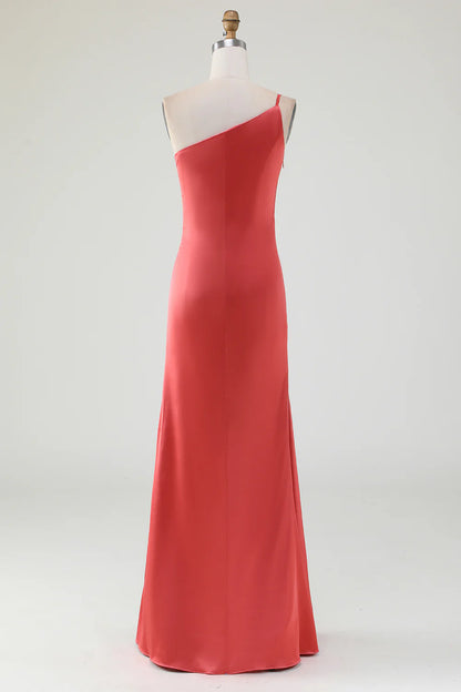 A Line Sheath One Shoulder Floor-Length Pleated Satin Bridesmaid Dress