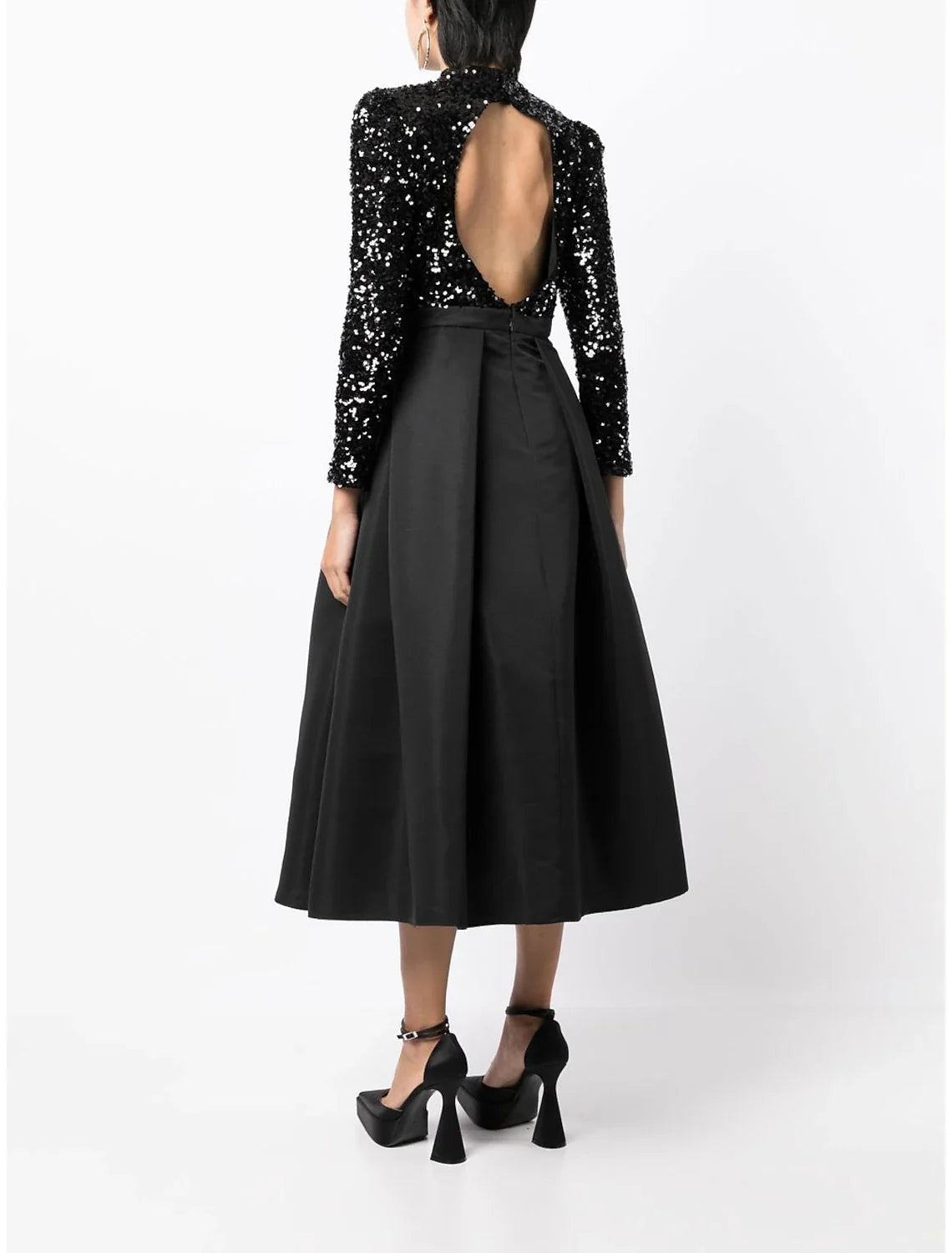 A-Line Cocktail Dresses Backless Black Dress Wedding Party Wear Tea Length Long Sleeve High Neck Satin with Sequin