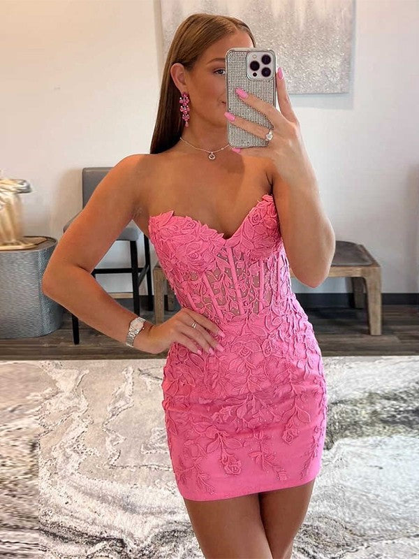 Sheath/Column Tulle Applique Sweetheart Sleeveless Short/Mini Dresses Homecoming Dresses Cocktail Dresses