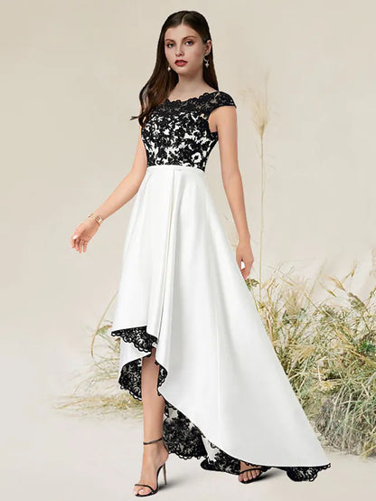 A-Line Elegant Engagement Formal Evening Dress Jewel Neck Sleeveless Asymmetrical Satin with Appliques