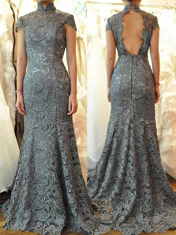 A Line Trumpet/Mermaid Lace Ruched High Neck Short Sleeves Sweep/Brush Train Mother of the Bride Dresses