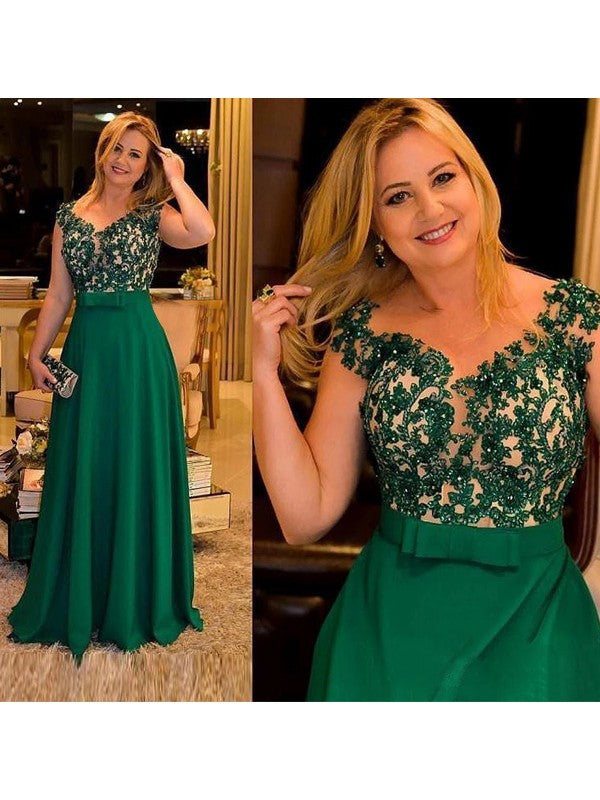 A-Line Satin Applique V-neck Sleeveless Floor-Length Mother of the Bride Dresses