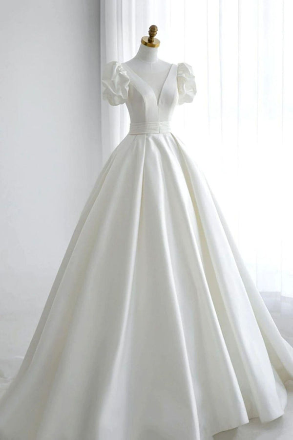 Elegant A Line V Neck White Wedding Dress with Short Sleeves Beautiful