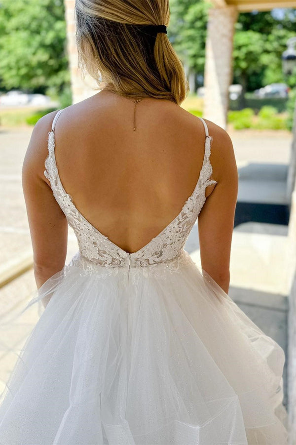 White Appliques Backless Multi-Layer Long Wedding Dress Sexy