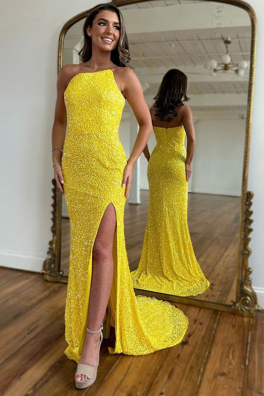 Sparkly Yellow Detachable Straps Mermaid Sequins Prom Dress with Slit Sexy Evening Dress