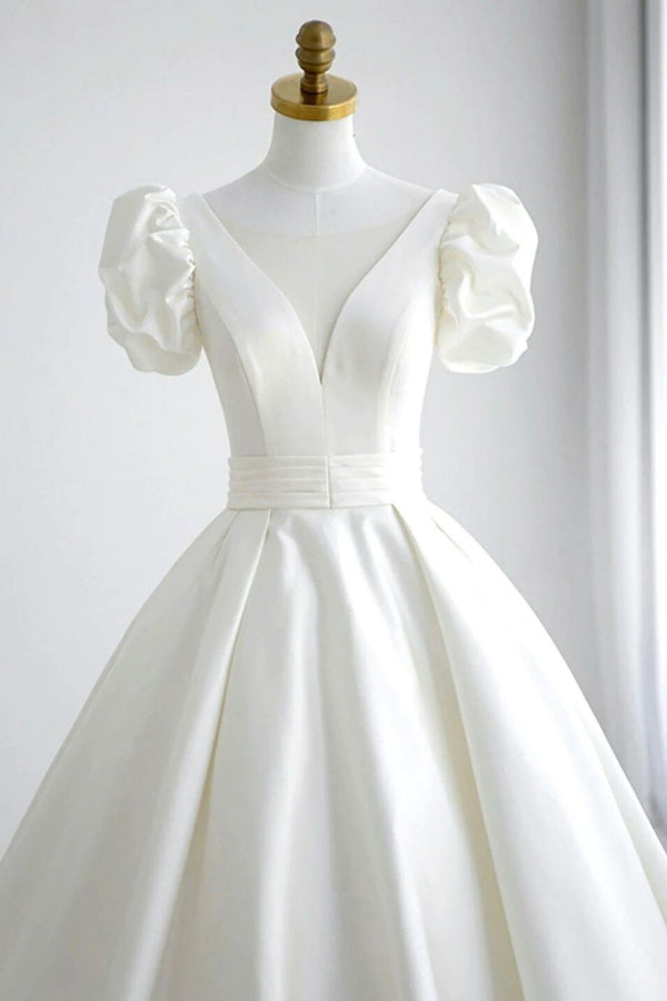 Elegant A Line V Neck White Wedding Dress with Short Sleeves Beautiful