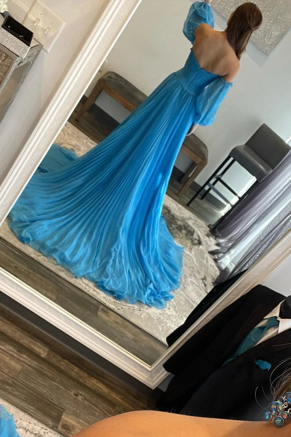 Blue Detachable Sleeves Cut-Out Long Prom Dress with Beading Sexy With Slit