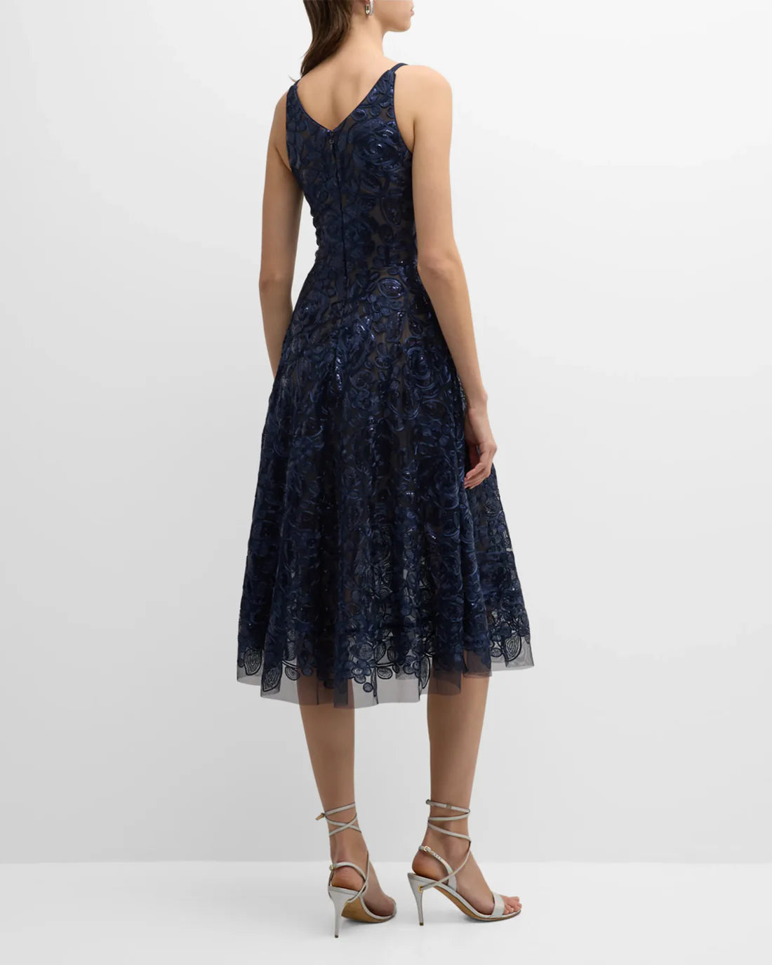 Elegant V-neck sleeveless off shoulder sequin embroidered mid length prom dress Mother of the Bride Dress