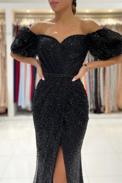 Glitter Evening Dress Ball Gown with Sleeves Prom Dresses Sparkly Evening Dresses