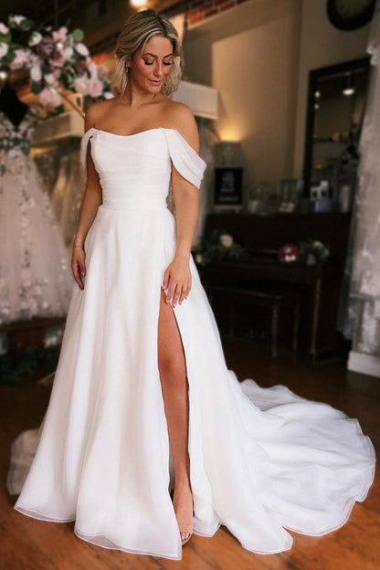 Elegant White Off-the-Shoulder Long Wedding Dress with Slit Sexy