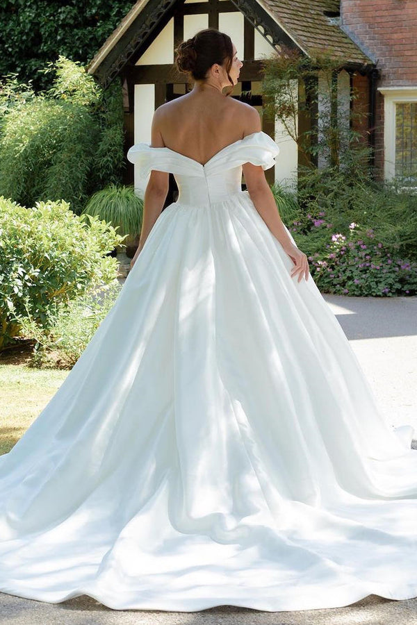 White Puff Off-the-Shoulder V Neck Sweeping Long Wedding Dress Sexy