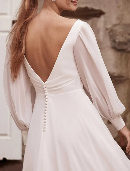 Hall Casual Wedding Dresses A-Line V Neck Long Sleeve Court Train Chiffon Bridal Gowns